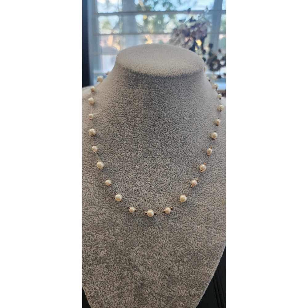 Carolee Faux Pearl Station Necklace Rose Gold Tone Minimalist Floating Pearl